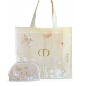 Dior Beige Large Mesh Tote & Makeup Bag Set - butterfly Floral Embroidered